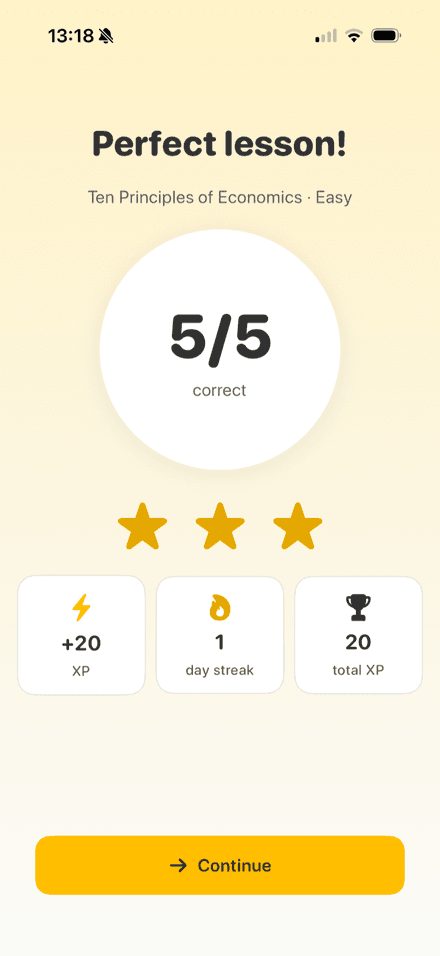 Lesson completion screen — Perfect lesson, 5 out of 5 correct
