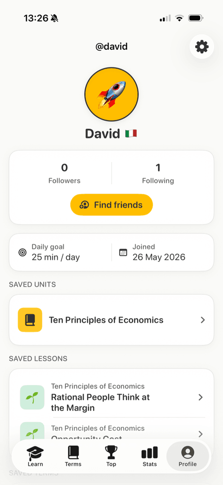User profile with saved units, lessons, and avatar